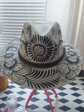 Hand-Painted Floral Straw Fedora Hat in Natural